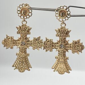 Chunky Statement Gold Tone Cross Dangle Earrings Rhinestone Gothic Religious
